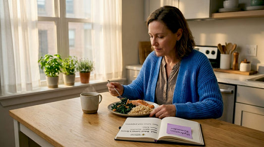 Caregiver eating healthy meal at kitchen table