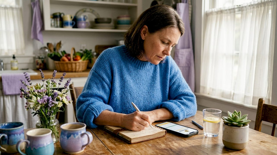 Patient writing symptoms in journal at kitchen table