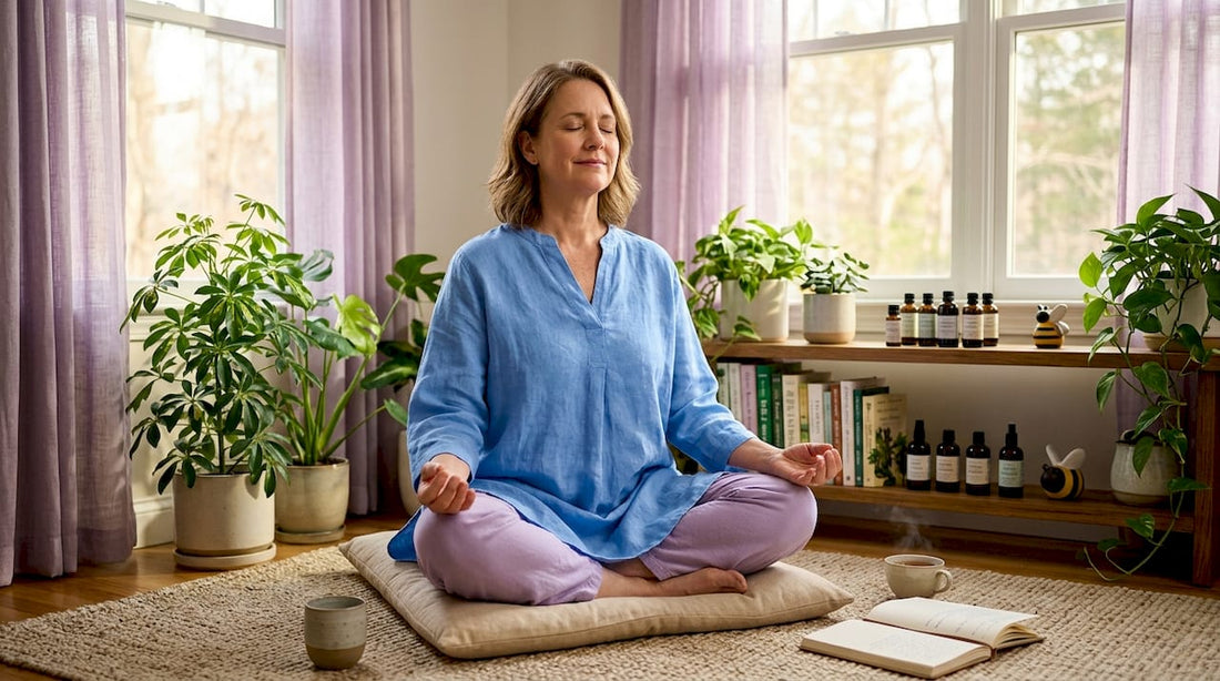 Woman meditating in sunlit peaceful living room