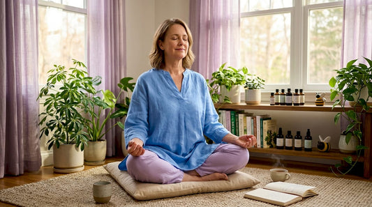 Woman meditating in sunlit peaceful living room