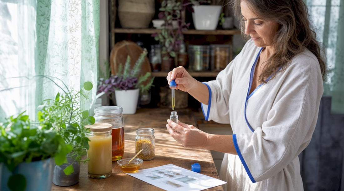 Woman preparing bee venom therapy at kitchen table