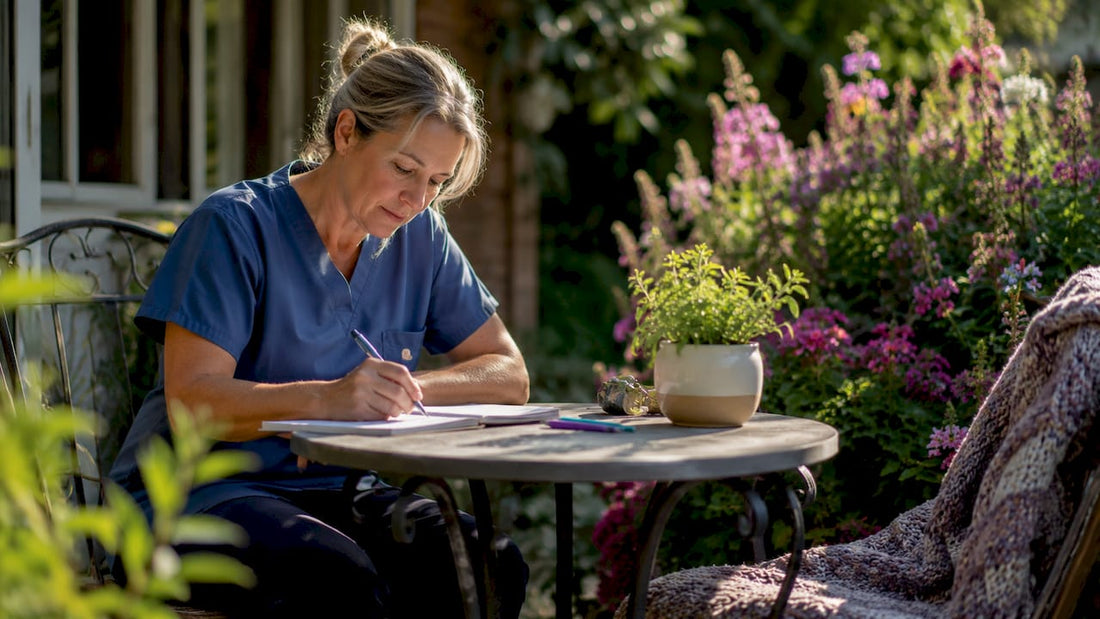 Caregiver writing symptom notes in home setting