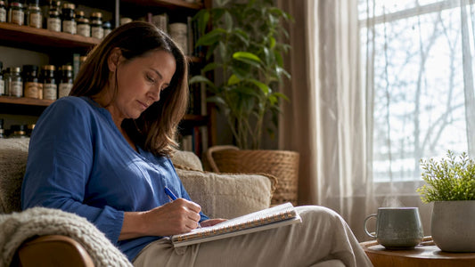Woman journaling chronic illness symptoms at home table