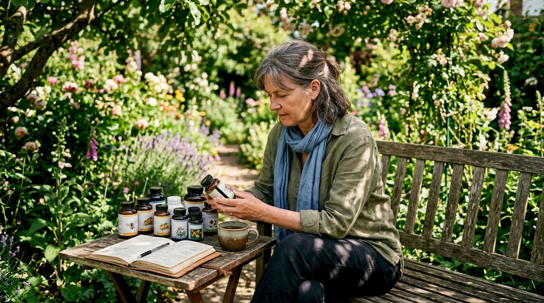 Woman reviewing natural health supplements at table