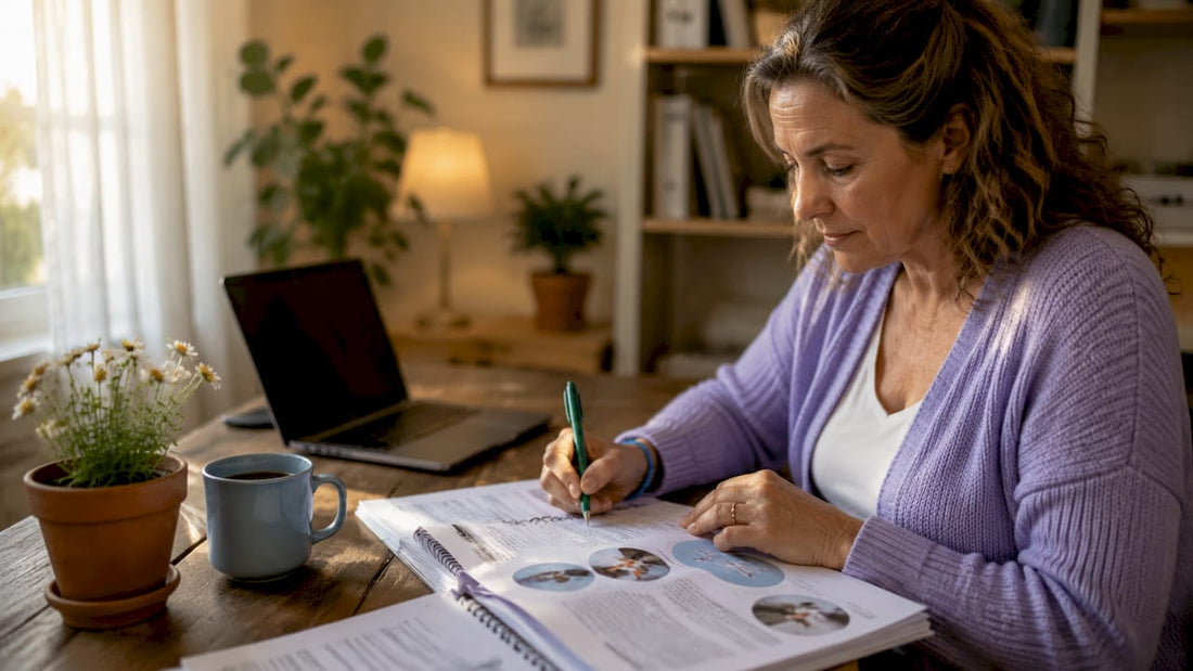 Caregiver reviewing holistic therapy materials