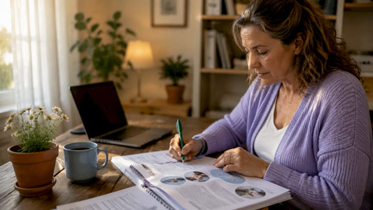 Caregiver reviewing holistic therapy materials