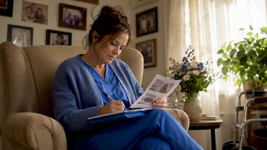 Caregiver studying training materials at kitchen table