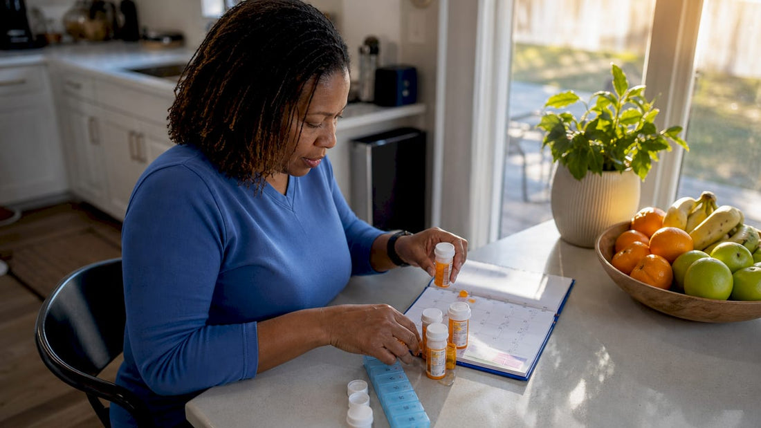 Woman organizing medication at kitchen table