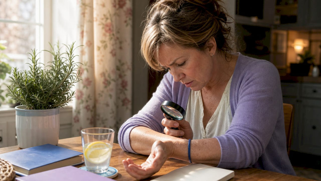 Woman inspecting skin symptoms at home