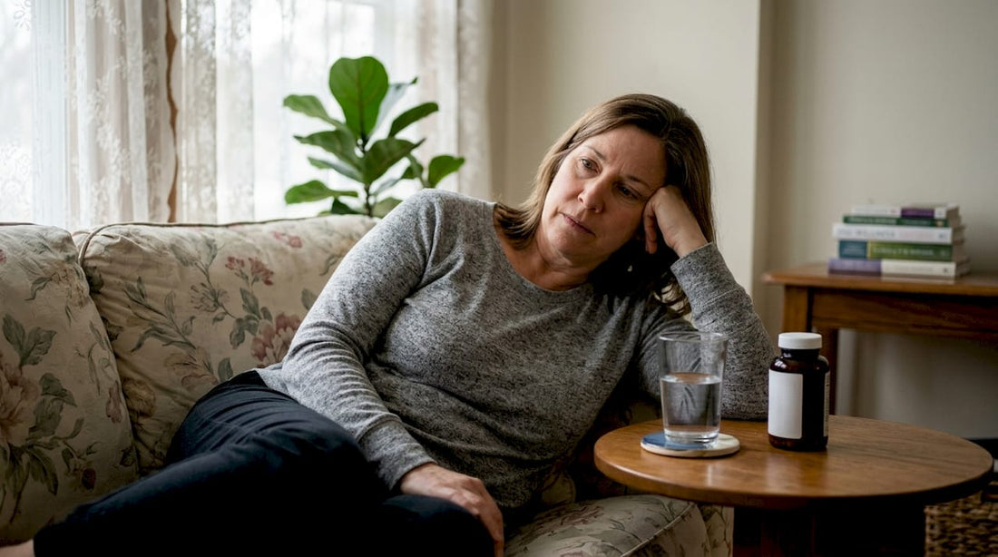 Woman sitting at kitchen table holding temples