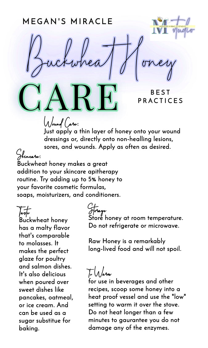 megans miracle care card and instructions for buckwheat honey